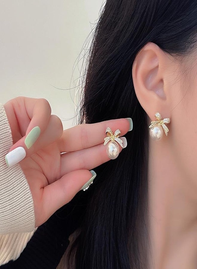 PLwelth Gold Bow Pearl Earrings for Women Sparkle Rhinestone Bow Stud Earrings Cute Bowknot Statement Wedding Earring Hypoallergenic Jewelry Gifts for Her Valentine’s Day Christmas Birthday - Image 5